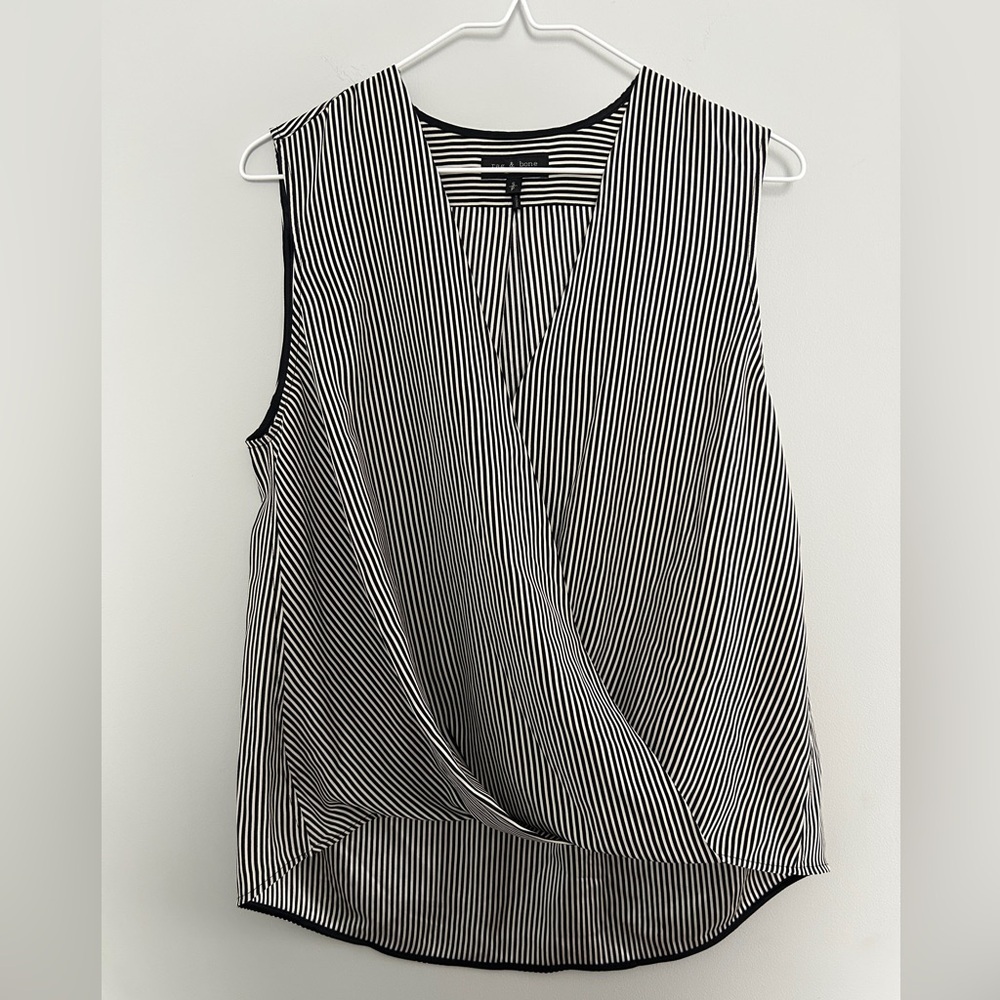 Rag & Bone Victor Stripe 100% Silk Sleeveless Blouse Black & White